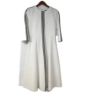 Honey Seed woman's sz S white aline dress black & white striped trim designer